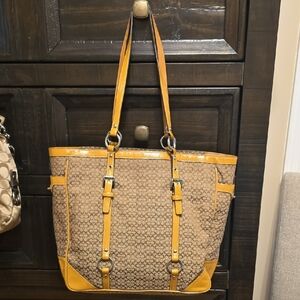 Coach Beige Signature Canvas Tote with Yellow Trim